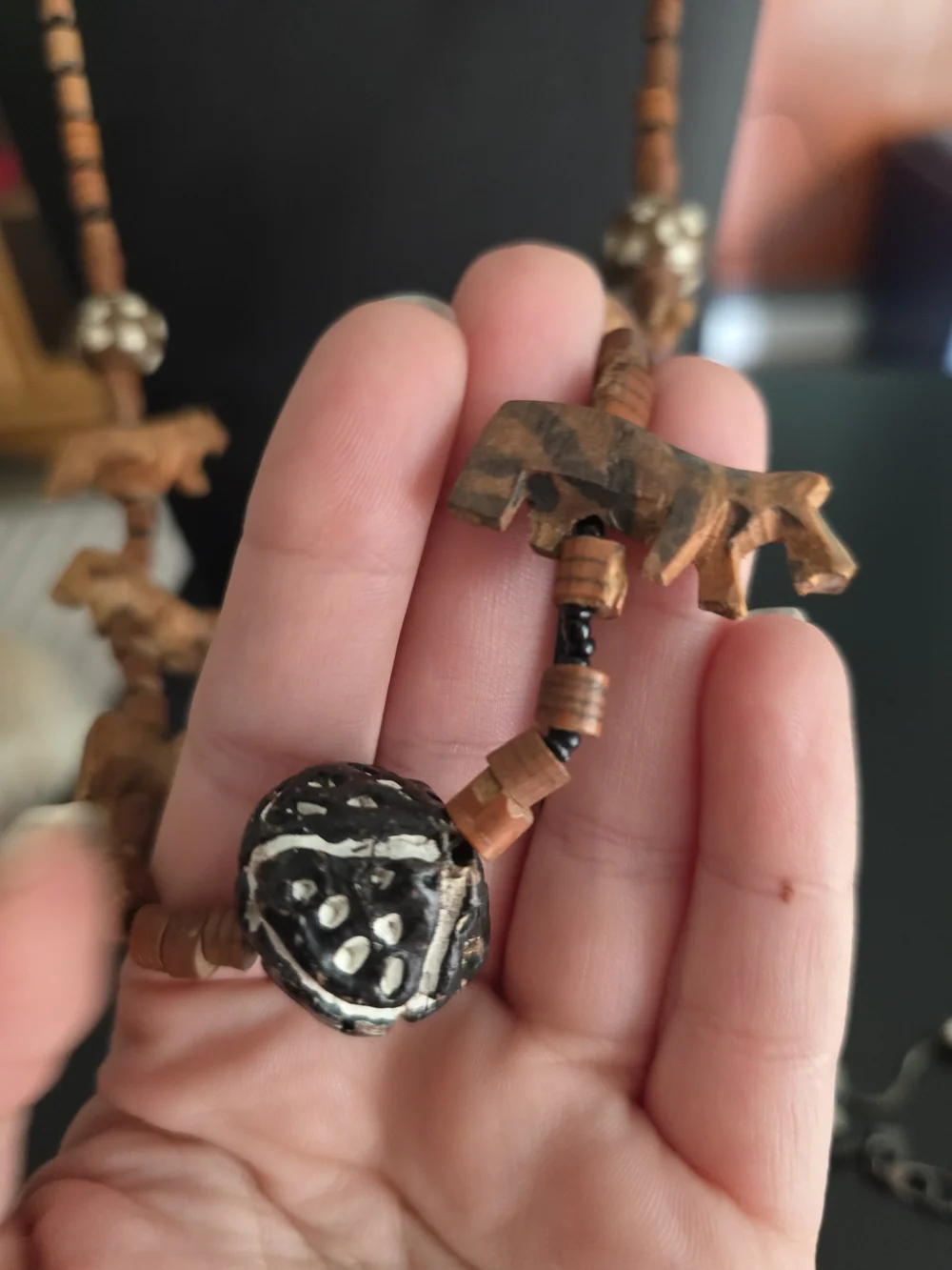 Carved Wood Animal Pendant Bead Necklace in Brown - Picture 4 of 6